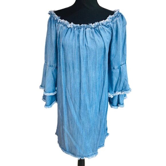 Boston Proper Denim L Blue Off-Shoulder Denim Ruffled Bell Sleeve Dress Cowgirl - Picture 2 of 11
